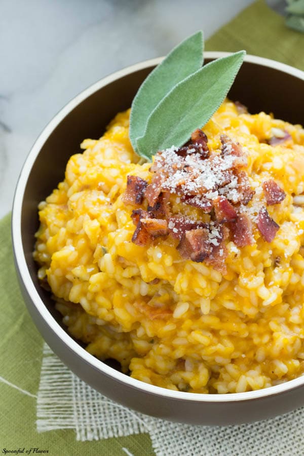 Butternut Squash Risotto with Bacon, Maple and Sage - made with arborio rice to yield the most flavorful and filling meal!