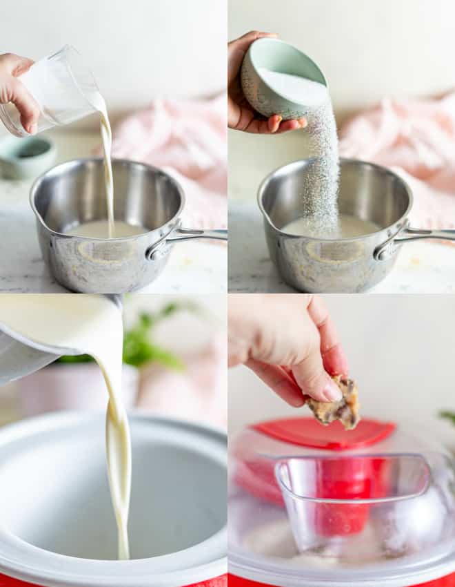 pouring cream into a saucepan with sugar to heat and then pouring into an ice cream maker