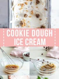 collage of how to make cookie dough ice cream with multiple images of mixing ingredients in a glass bowl