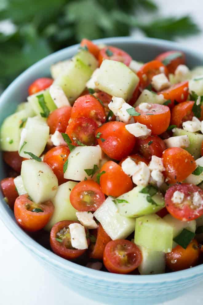 Cucumber and tomato salad with feta and simple vinaigrette