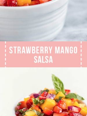 Two bowls of strawberry mango salsa sitting on a white background.