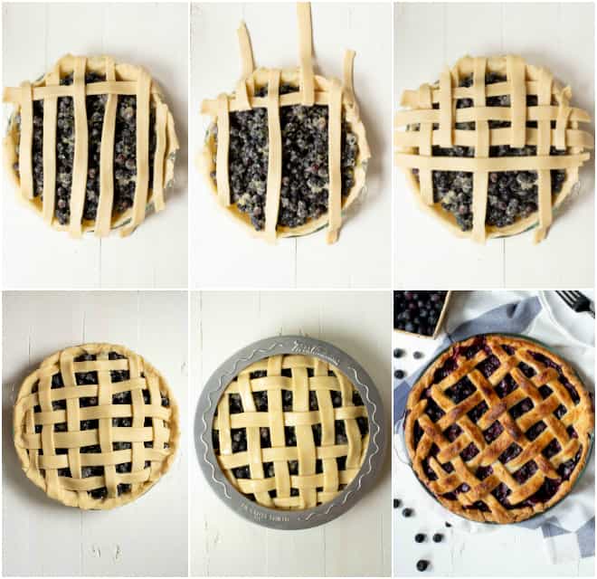 layering the pieces of pie crust over the blueberry pie to build the lattice