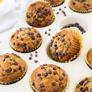a muffin pan filled with baked banana chocolate chip muffins