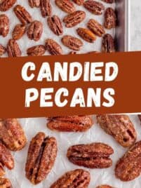 candied pecans spread out on a baking sheet