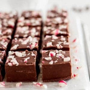 cut pieces of chocolate fudge with peppermint