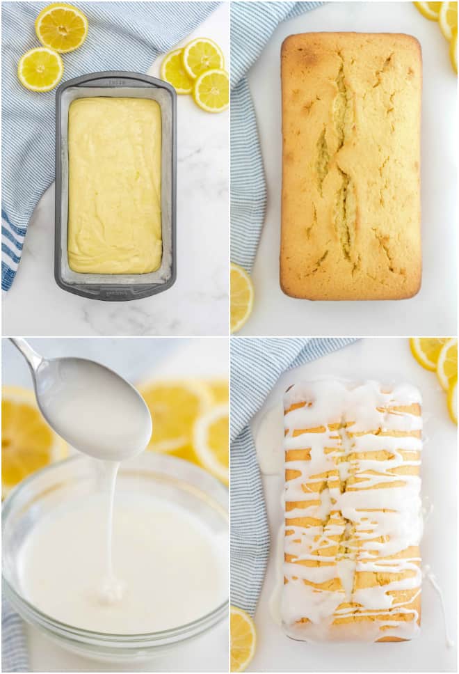 cake batter in a loaf pan before and after baking