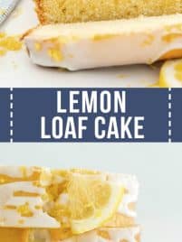 slice of lemon loaf cake from a loaf on a white background
