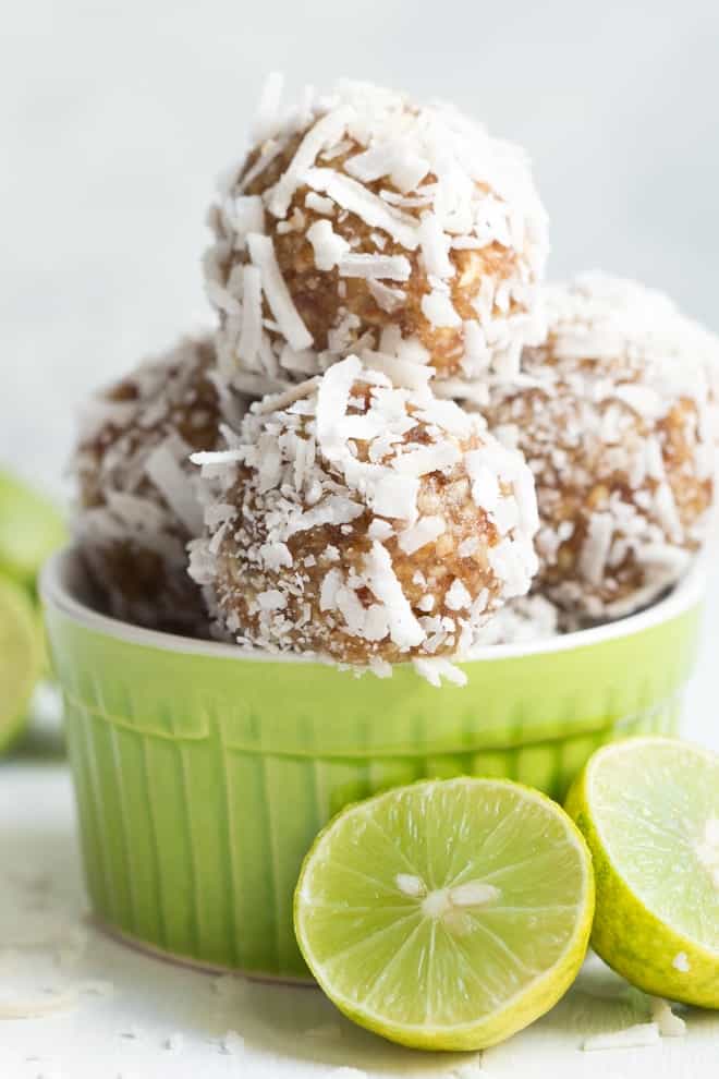 Key Lime Coconut Energy Bites are made with five tasty ingredients and come together in less than 5 minutes! They are vegan, gluten free and paleo-friendly.