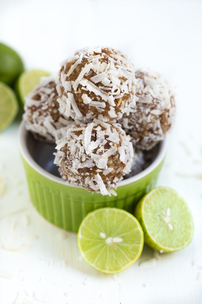 Key Lime Coconut Energy Bites are made with five tasty ingredients and come together in less than 5 minutes! They are vegan, gluten free and paleo-friendly.