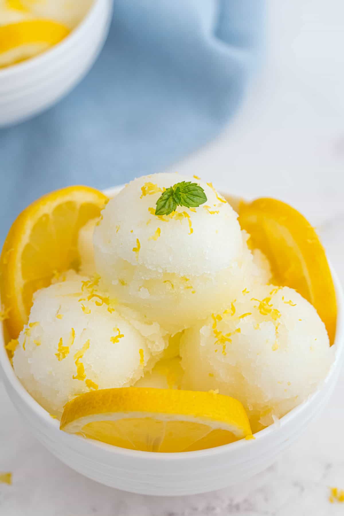 scoops of lemon sorbet in a bowl