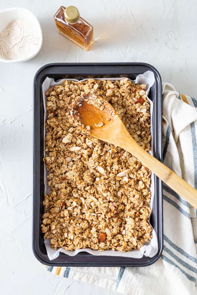 baked granola in a pan