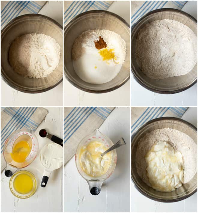 mixing together flour, vanilla, egg, cinnamon and butter together in one bowl to create muffin batter