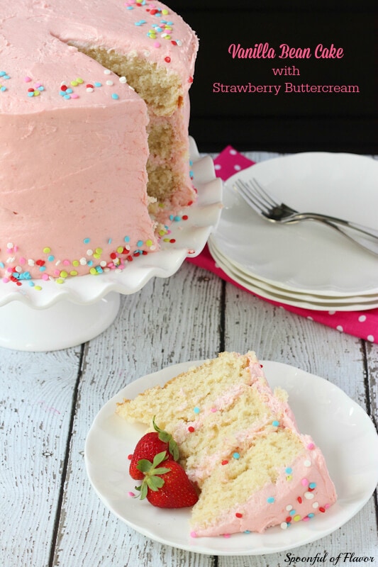 Vanilla Bean Cake with Strawberry Buttercream - moist and decadent cake with the most flavorful strawberry frosting!