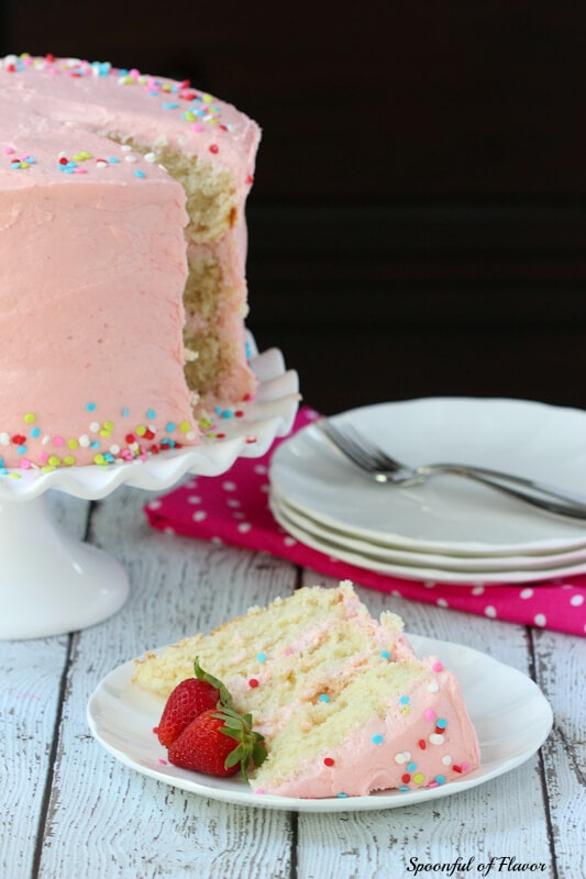 Vanilla Bean Cake with Strawberry Buttercream - moist and decadent cake with the most flavorful strawberry frosting!