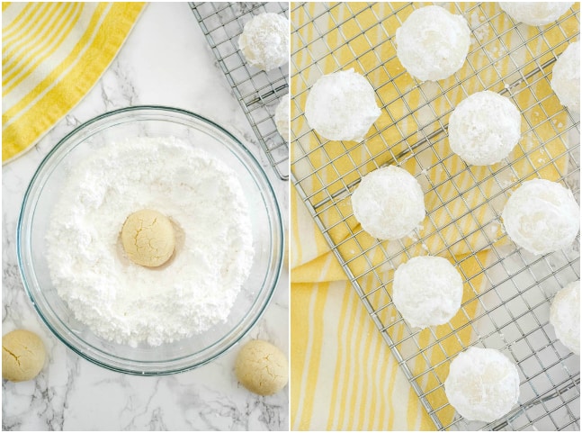 rolling a ball of cookie dough in a bowl with powdered sugar