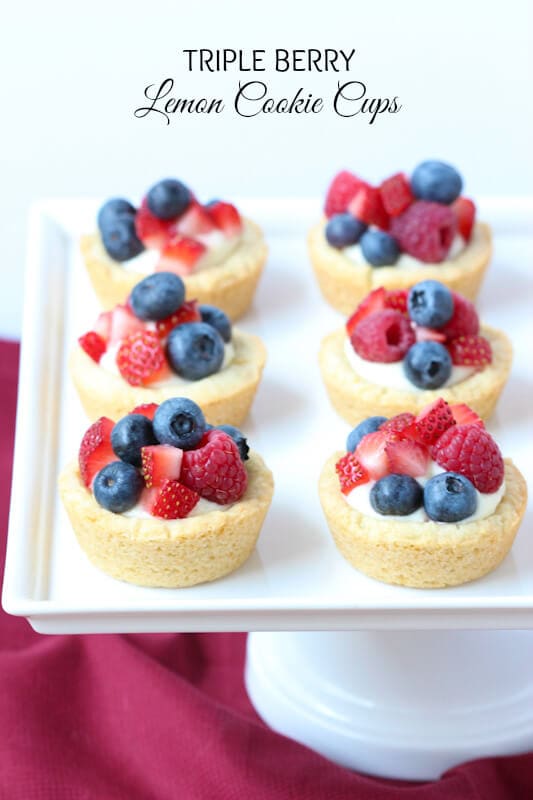 Triple Berry Lemon Cookie Cups - fresh lemon cream and berries sits on top of a delectable lemon sugar cookie crust!