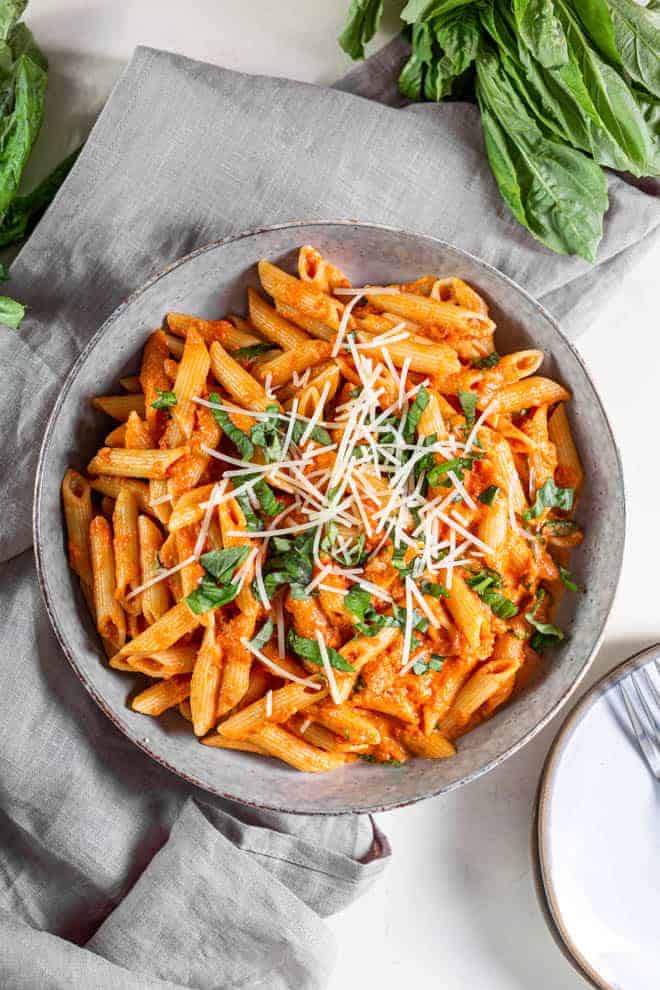 Bowl of tomato basil pasta