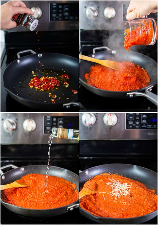 making tomato basil pasta sauce on the stove