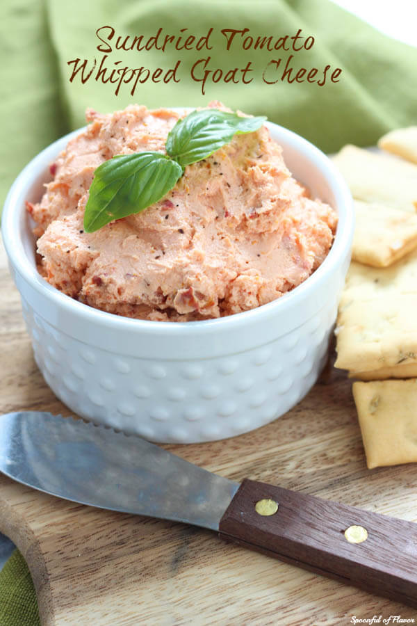 Sundried Tomato Whipped Goat Cheese - perfect for serving with pita chips or spreading on a sandwich!