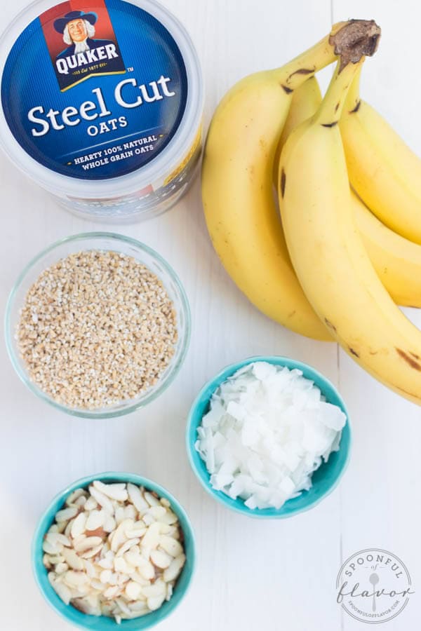 Banana Coconut Crunch Steel Cut Oatmeal - a hearty breakfast with bananas, coconut and crunchy almonds!