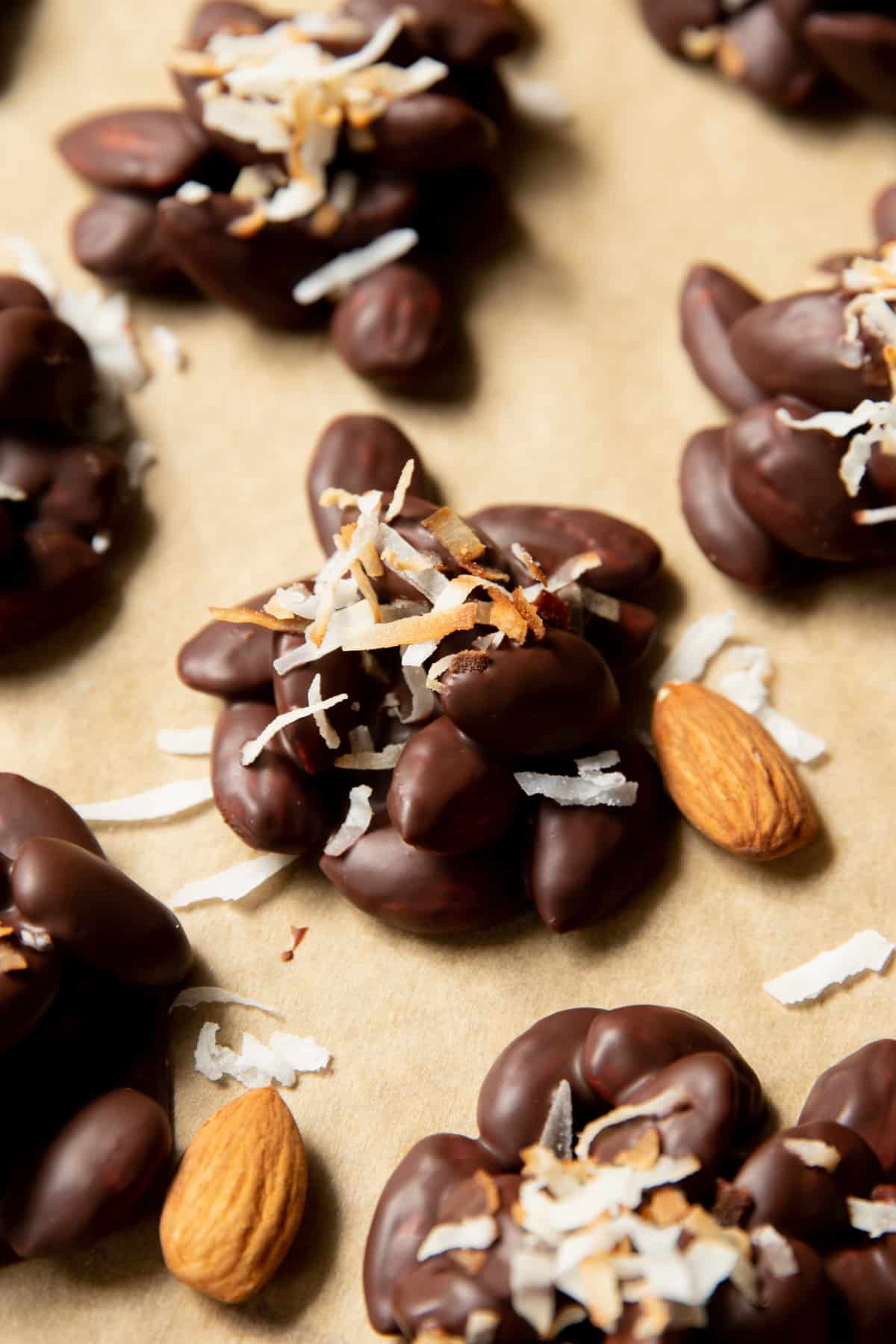 a close up photo of one almond cluster with coconut topping