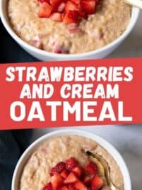 strawberries and cream oatmeal is a bowl with a spoon.
