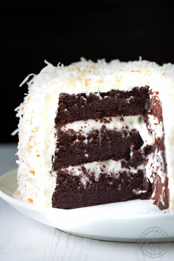 Chocolate Cake with Coconut Cream Filling and Marshmallow Buttercream Frosting - the perfect cake recipe for birthdays, holidays, parties and more!