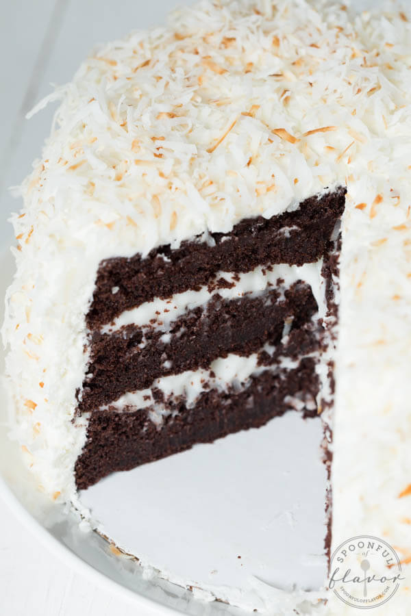 Chocolate Cake with Coconut Cream Filling and Marshmallow Buttercream Frosting - the perfect cake recipe for birthdays, holidays, parties and more!