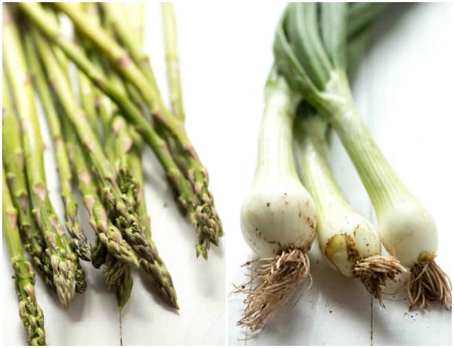 Asparagus and spring onion for a simple strawberry salad recipe.