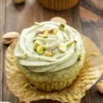 one green tea cupcake with the cupcake wrapper removed