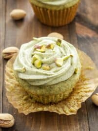 one green tea cupcake with the cupcake wrapper removed