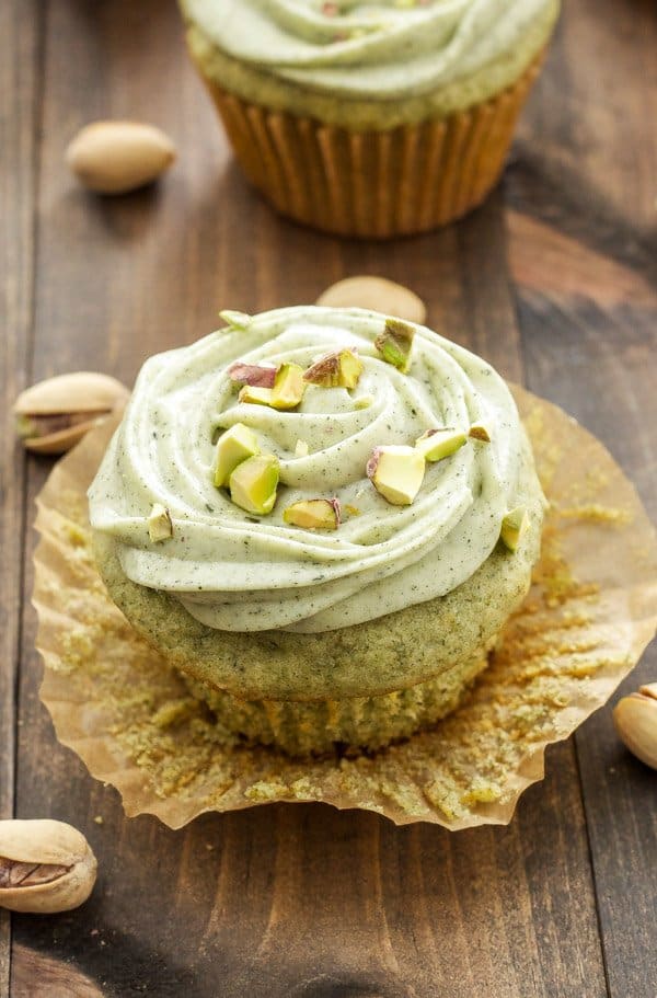 one green tea cupcake with the cupcake wrapper removed