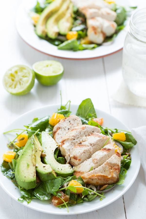 Grilled Tequila Chicken with Orange, Avocado and Pepita Salad – marinated Tequila chicken with a fresh green salad!
