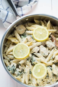 One Pot Creamy Lemon Chicken Pasta with Baby Kale
