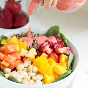 Strawberry Tropical Fruit Salad with Strawberry-Ginger Dressing is a colorful, flavorful and delicious salad! #EatTheRainbow