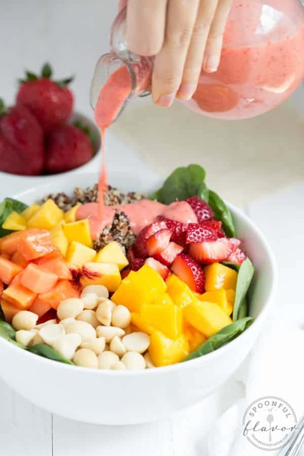Strawberry Tropical Fruit Salad with Strawberry-Ginger Dressing is a colorful, flavorful and delicious salad! #EatTheRainbow 