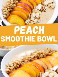 A peach pie smoothie in a bowl with toppings.