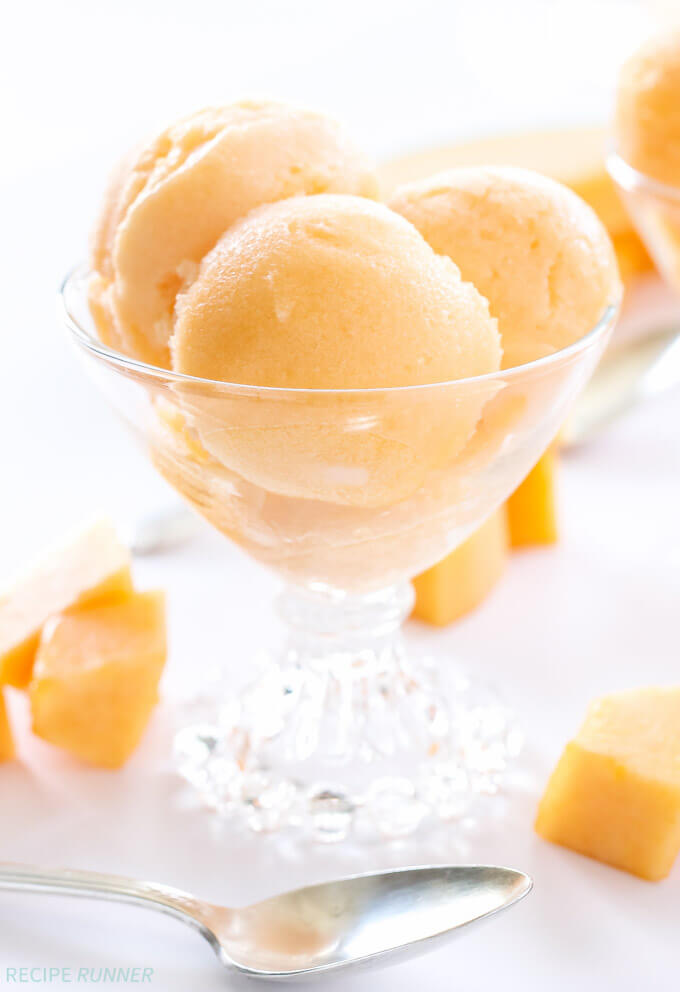 Cantaloupe Sorbet | 4 ingredients are all you need to make this delicious bowl of Cantaloupe Sorbet!