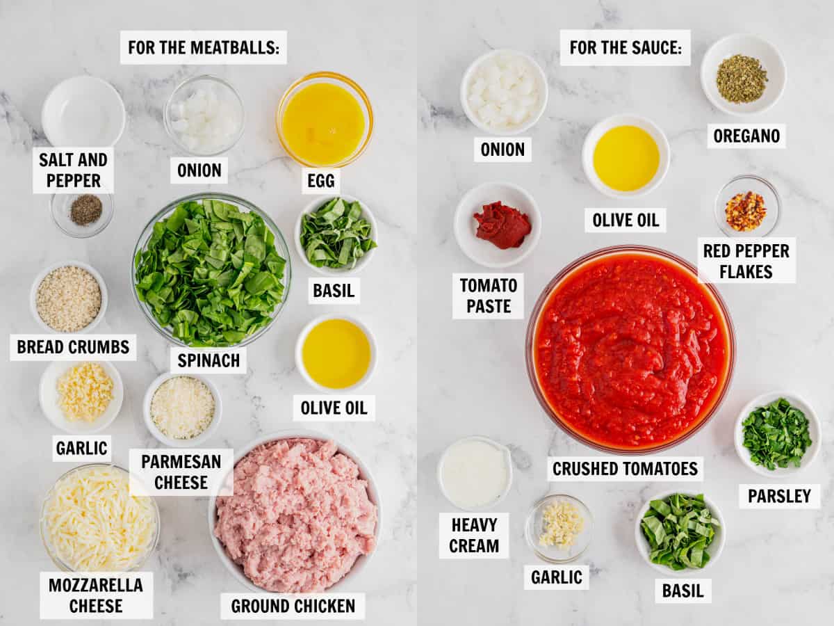 all of the ingredients for the meatballs and sauce on a tabletop