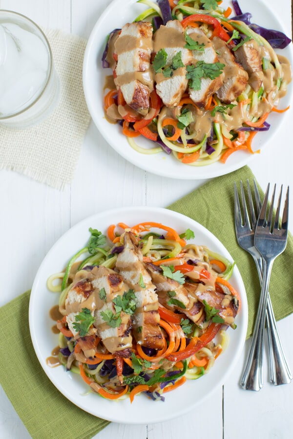 Thai Chicken Noodles with zucchini noodles, carrot noodles, cabbage, red bell pepper, soy-ginger chicken and peanut dressing!