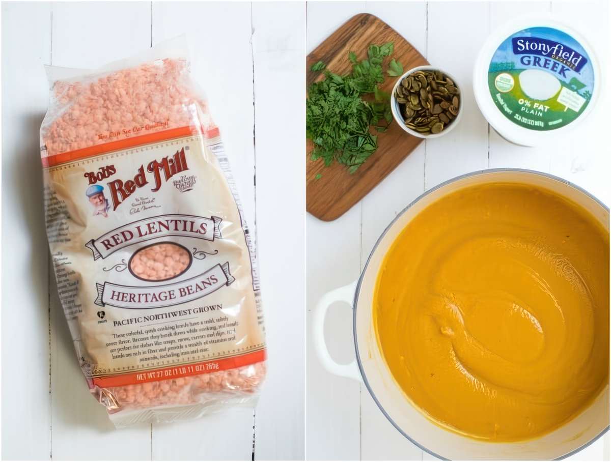 A bag of dry red lentils beside a pot of smooth butternut squash soup, with Greek yogurt, pepitas and parsley ready for topping.