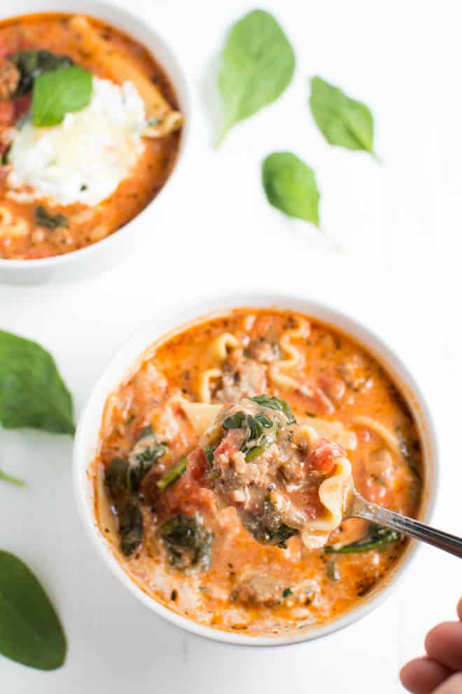 bowl of spinach lasagna soup