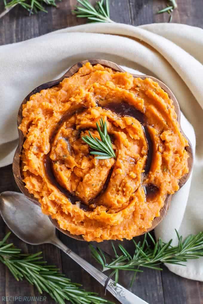 Brown Butter and Rosemary Mashed Sweet Potatoes | Four ingredients are all you need to make these delicious savory mashed sweet potatoes!