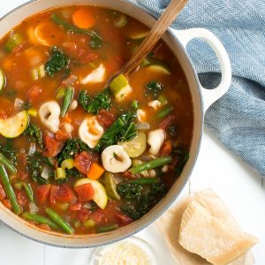 One Pot Tortellini Soup includes all of your favorite vegetables, tortellini and beans!