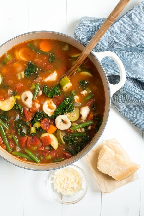 One Pot Tortellini Soup includes all of your favorite vegetables, tortellini and beans!