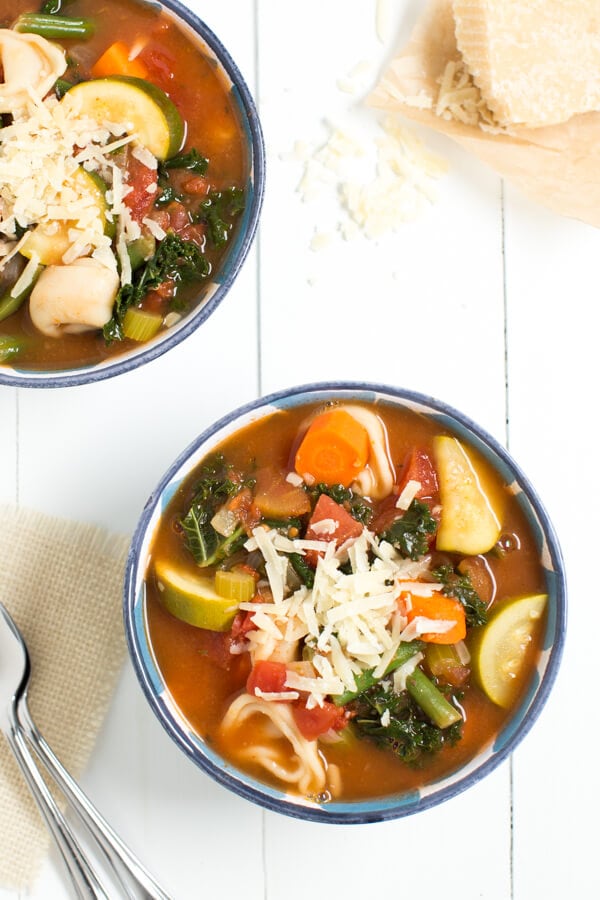 One Pot Tortellini Soup includes all of your favorite vegetables, tortellini and beans!