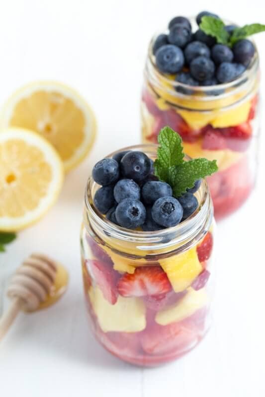 Mason Jar Fruit Salad with Strawberry Mint Dressing - Spoonful of Flavor