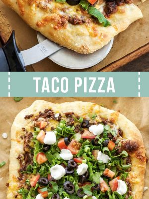 Taco pizza with black beans, lettuce, cheese, tomatoes and sour cream