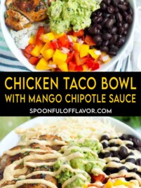 Chicken taco bowl with chipotle lime chicken, rice, black beans, guacamole, mango salsa, and creamy mango chipotle sauce
