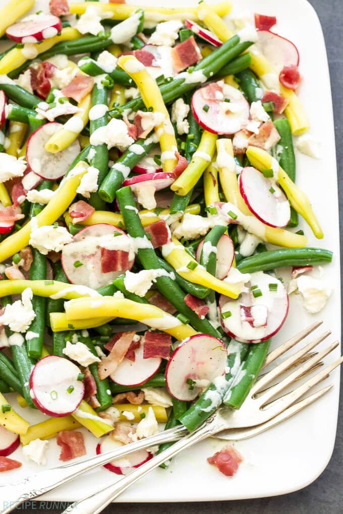 a plate with green bean and feta salad